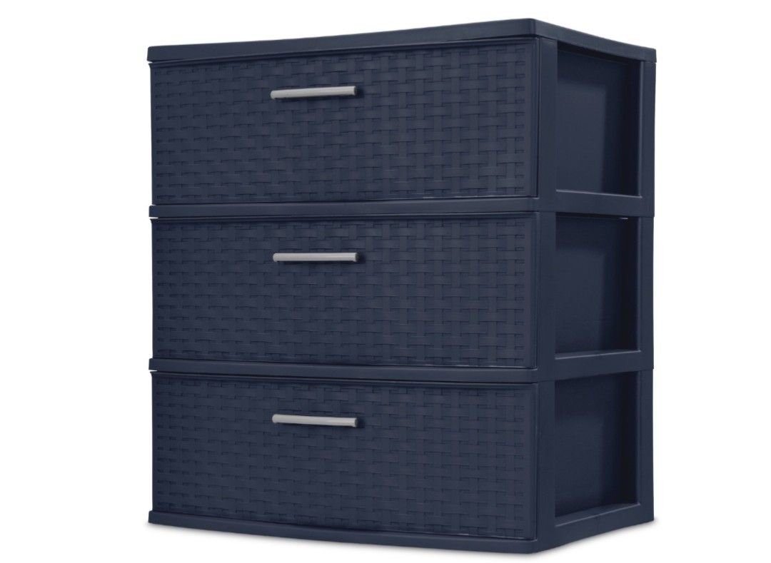 Sterilite Plastic 3 Drawer Wide Weave Tower Blue Cove