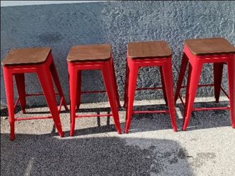 Set of 4 Red Metal Bar Stools with Wood Seats