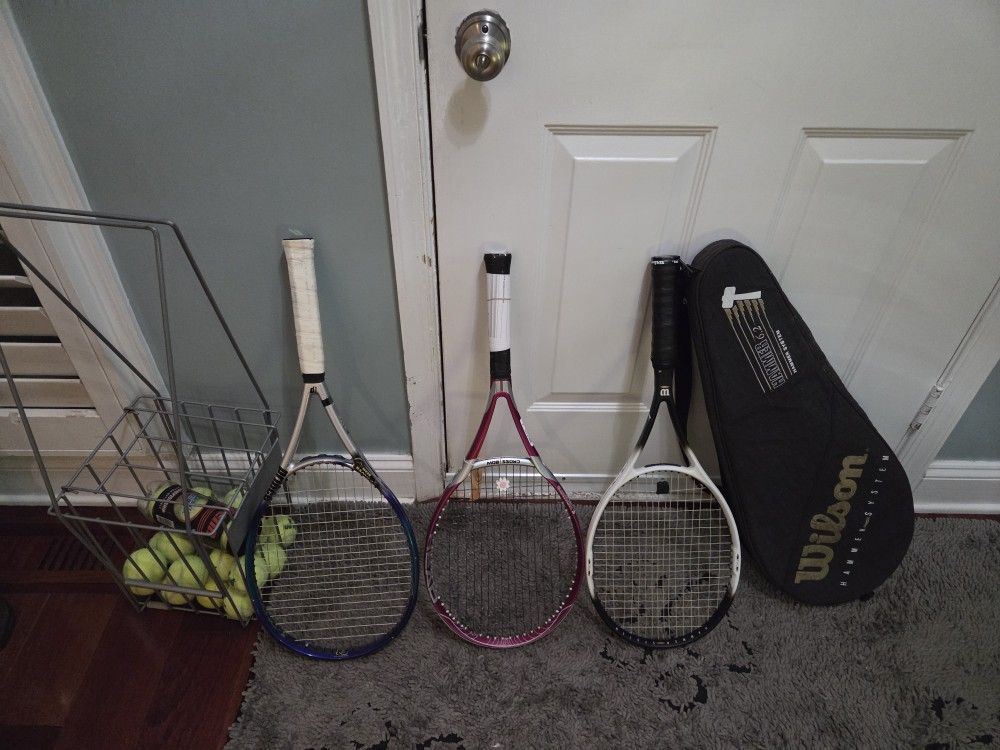 Tennis Rackets, Holder, And Tennis Balls