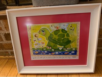 16.”x13.5” ADORABLE HOT PINK MATTE WHITE WOOD FRAMED MOTIVATIONAL TURTLE PIC WALL ART