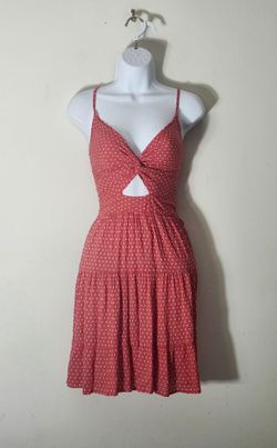 Angie  Polka dot, twist bodice with front cutout detail mini dress Size: M Color: Reddish-orange/White