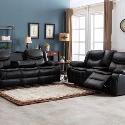 Brand New Black Or Brown Leather Gel Manual Reclining Sofa + Loveseat With Cup Holders