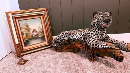 Large Vintage Leopard on Log Sculpture | Hollywood Regency Decor