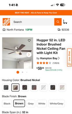 Hampton Bay 52" Brushed Nickel Ceiling Fan with Light - $10