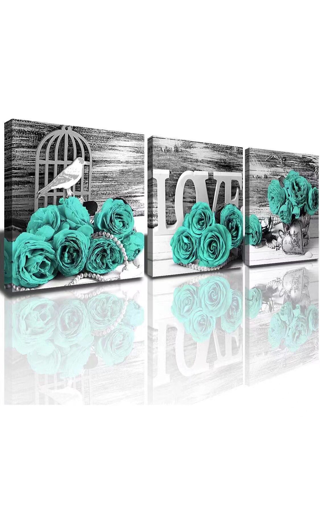 Bedroom Wall Decor Turquoise Wall Art Pictures Teal Canvas Prints for Couples Bathroom Living Room Artwork 3 Pcs/Sets Black and White Rose Flower Pain