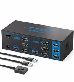 Conmutador KVM 3 Monitores 2 Computadoras HDMI 4K60Hz USB3.0 Interruptor KVM 2 Puertos para 2 Computadoras Compartiendo Triple Monitor y 4 Dispositivo