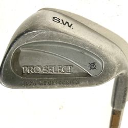 Pro Select Flow Weight Control sand wedge (S.W.). It is made of stainless steel and features a cavity-back design for weight distribution. 