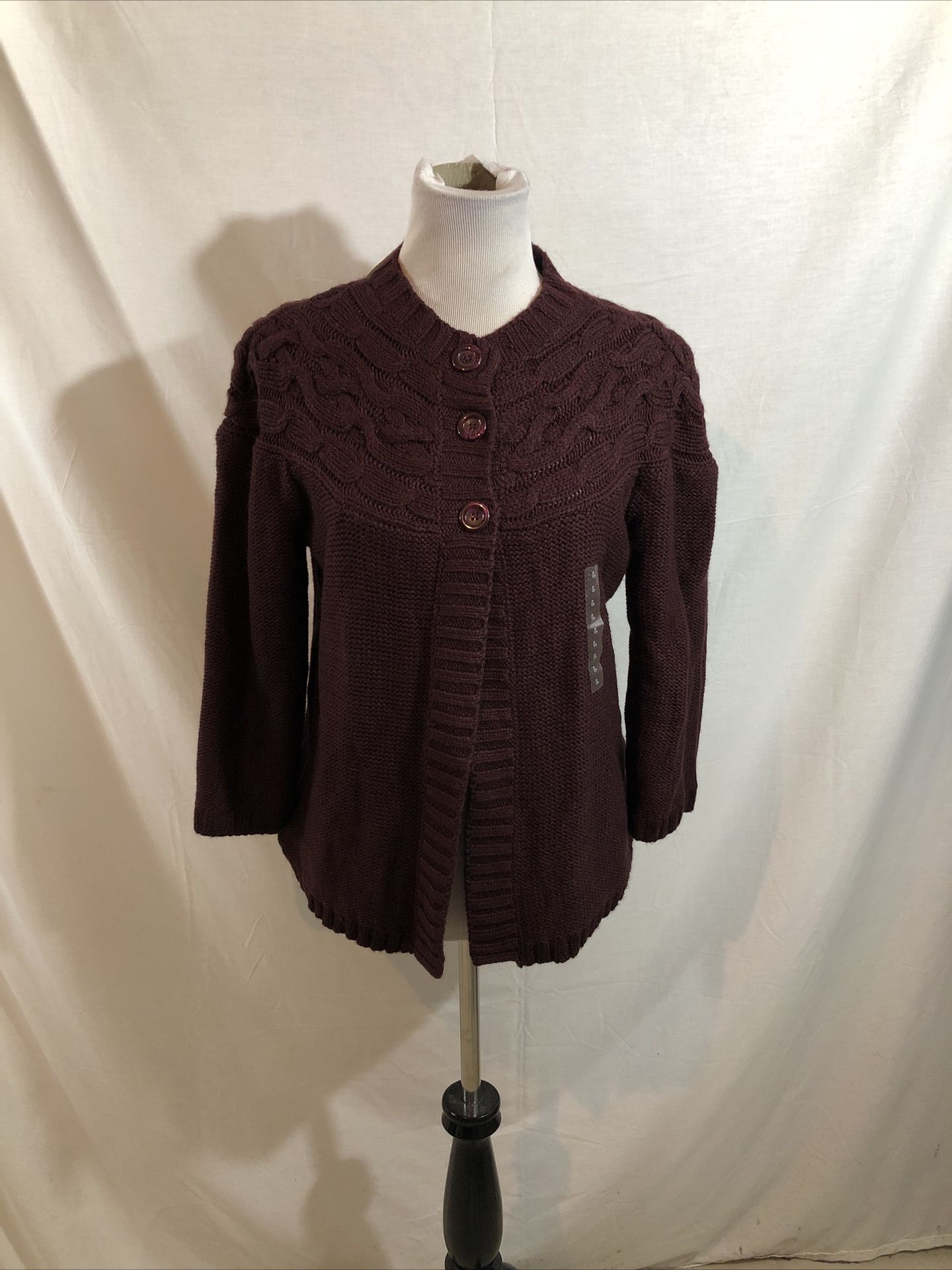 St. John’s Bay “Night Burgundy” Button Up Cable Knit Cardigan - Womens L, NWT, bust 20.5”, length 23”