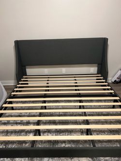 Gray Upholstered Platform Bed Frame with Wingback Headboard