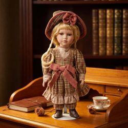 Vintage Porcelain Doll with Plaid Victorian Dress