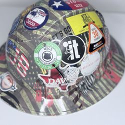 Authentic Sticker-Bombed PYRAMEX Full Brim Hard Hat - OSHA 30, Let’s Go Brandon,