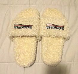 White Balenciaga Furry Slide Slippers