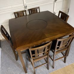 7-PC LARGE BROWN FINISH HIGH TOP DINING SET (TABLE AND 6 PADDED CHAIRS)