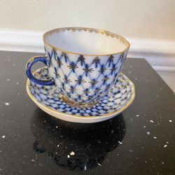 Vintage Imperial Lomonosov Cobalt Net Flat Demitasse Cup & Saucer 