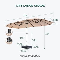 Double Sided Patio Umbrellas - 13ft Solar Lights LED Lighted Outdoor Extra Large Market Table Umbrella with Base Included, Oversized Umbrella for Deck