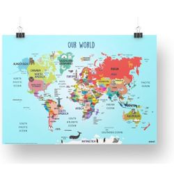 World Map with country Name, continents, Animals, land marks, 23.4 x 33.1 inch Multicolour
