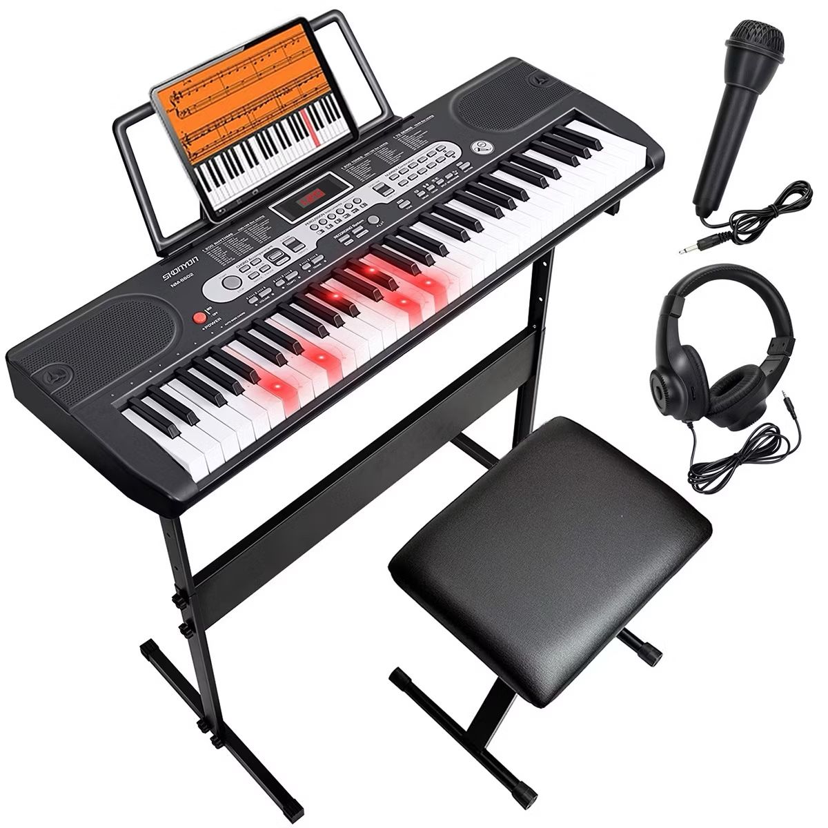 SKONYON 61 Key Electronic Keyboard Piano for Beginners Musical Keyboard with Lighted Keys, Piano Stand, LCD Screen and 3 Teaching Modes