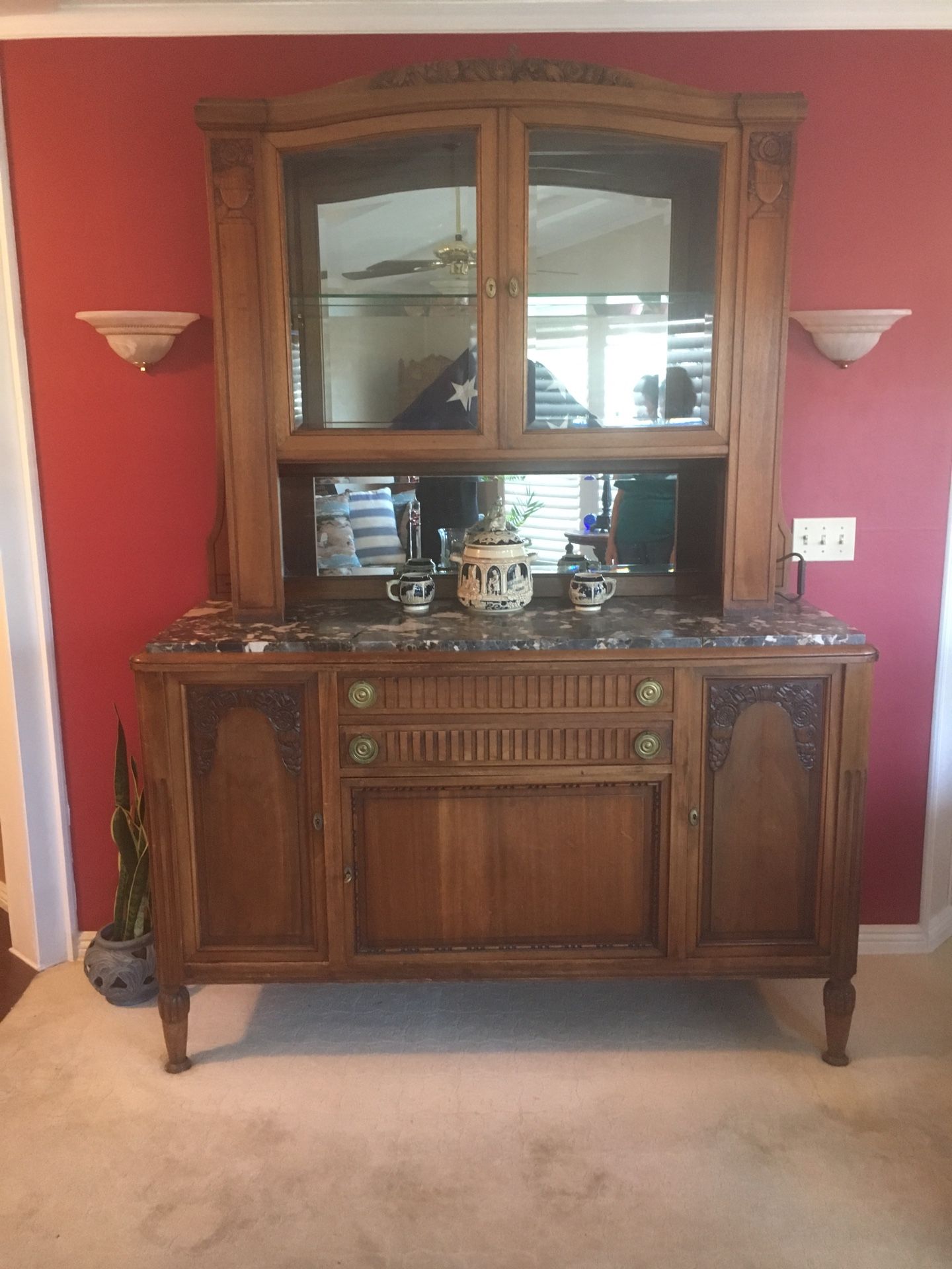 Large antique wood dinner hutch