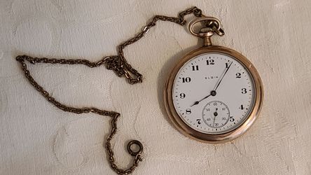 Antique Elgin Pocket Watch 14K Gold Case/Crown/Bow 65g 12" Chain