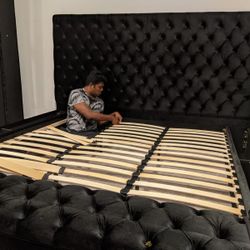 Black KING Velvet Platform Bed Frame 