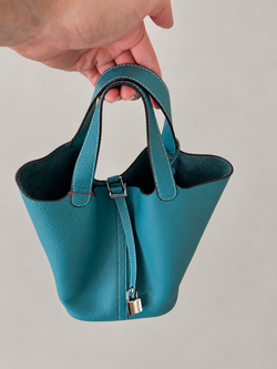 Teal Blue Bucket Handbag with Working Lock & Key