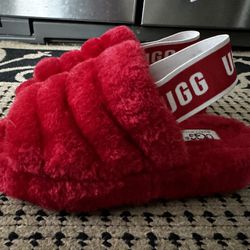 Ugg Girls Fluff Yeah Fur Open Toe Slides Red Size Girls 6