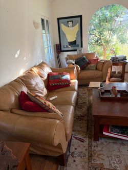 Tan 100 percent Leather Couch and Armchair Set