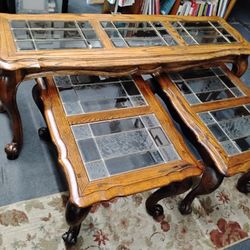 Matching wood and beveled glass end tables