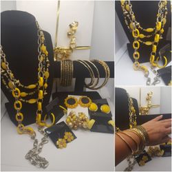 
Bundle Vintage Statement necklaces, Earrings, & Bracelets, beautiful set gold tone, summer yellow and pearls. #762
