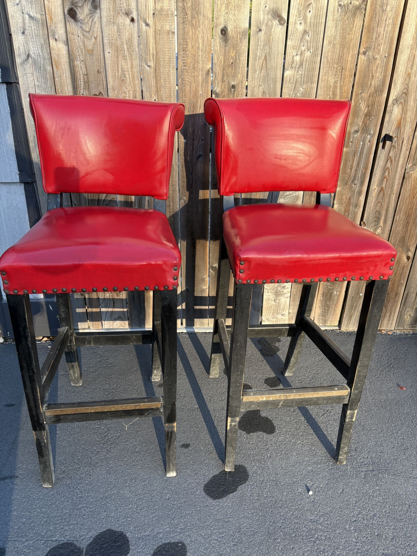 Pair of Red Leather Metal Studded Bar Stools Chairs