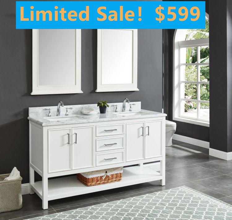 60-in White Bathroom Vanity with Carrara White Natural Marble Top,2104-C837D Clearance Sale