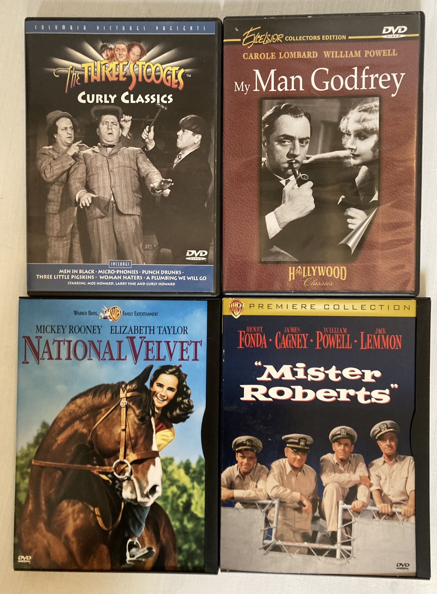 4 Classic DVDs Three Stooges, My Man Godfrey, National Velvet, Mister Roberts