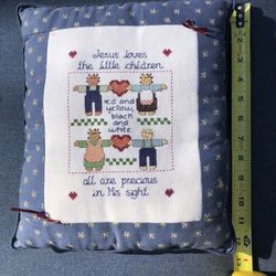 Small Pillow Hand Made Cross Stitch Pillow (Jesus Loves Little Children)