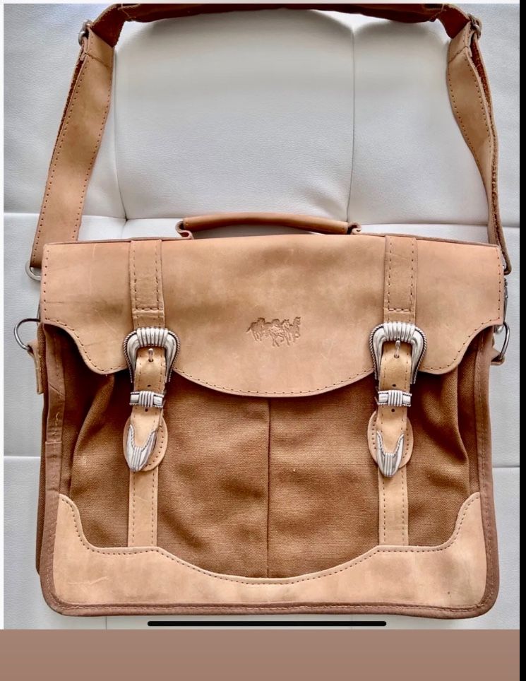 Schaefer Western Outfitter Heavy Tan Saddle Leather And Canvas Briefcase/Messenger Bag USA