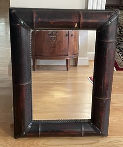 Brown Hanging Wall Mirror in Thick Wooden Frame 