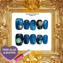 Saturn Starry Night Short Gel Cat-eye Press On Nails 10 Pc Set - FREE GLUE & BUFFER
