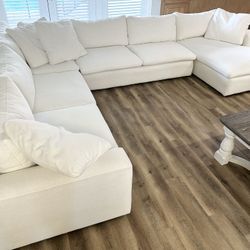 Custom 4 Piece Plush “Cloud” Chaise Sectional “Laguna” by Fairmont Designs, Ivory Linen Blend Performance Fabric