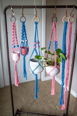 Pink and blue macrame plant hangers
