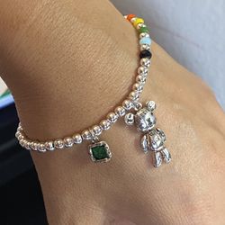 Silver Bear Green CZ Colorful Beads Charm Bracelet 