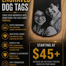🔥 Custom Photo Dog Tags 🔥  
Your pet, your person, your memory — engraved forever 🐶📸  

📍 Monterey Bay  
💬 DM me to order