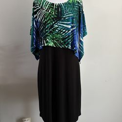 NWT Calvin Klein Women's Cape Dress Black & Green Palm Print Stretch Size Medium