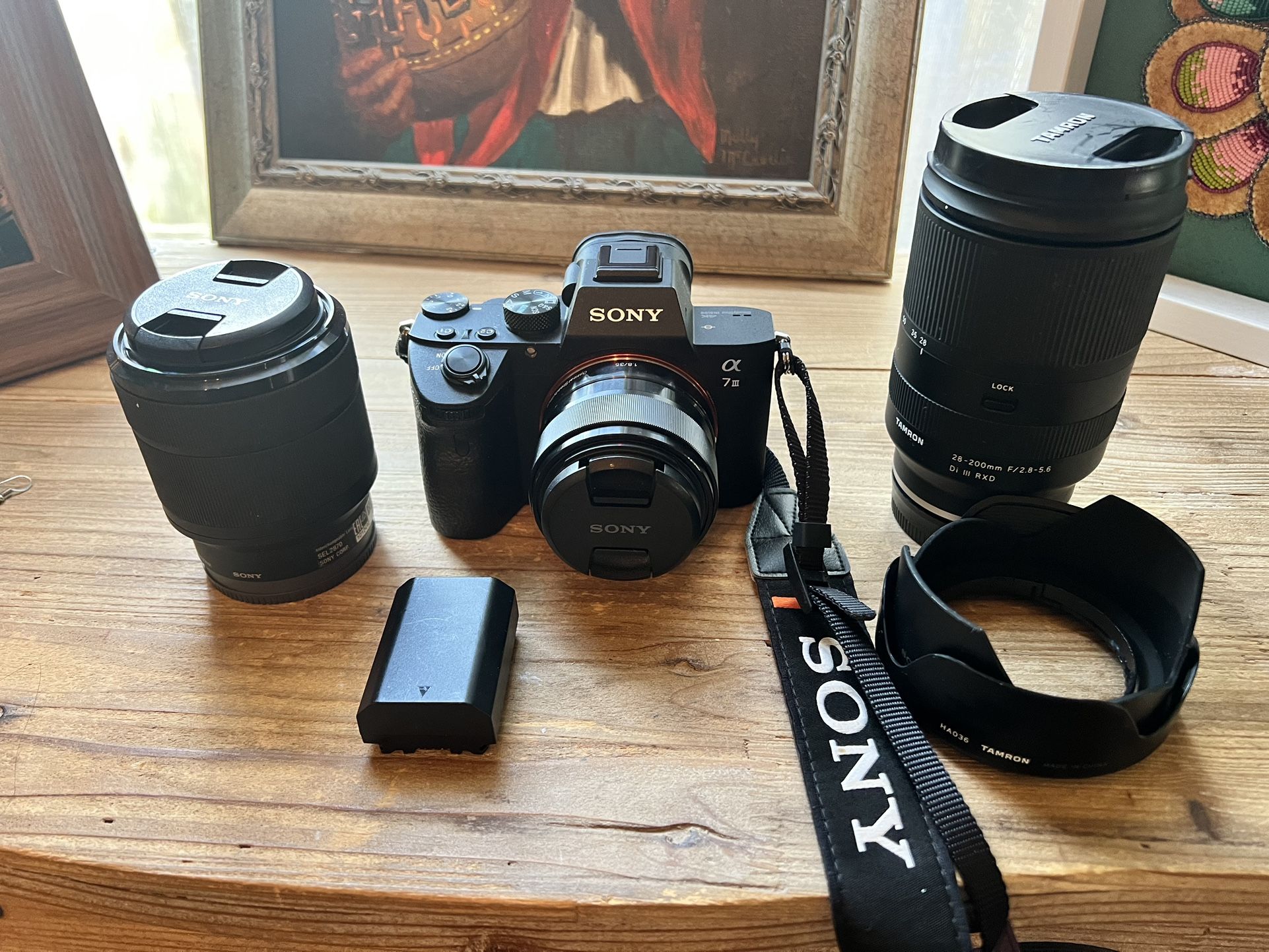 Sony a7 III mirrorless full-frame camera with three lenses