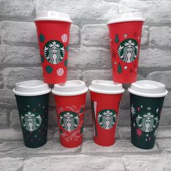 *New* 6 Starbucks Reusable 16 oz Cup Grande Holiday Christmas With Lid Red Green Hot Cup