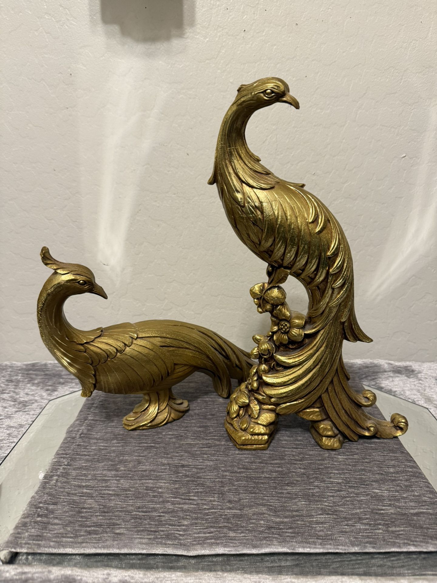 Vtg Syroco Pair Gold Peacock Bird Statue Sculpture Figurines NY, USA Mcm