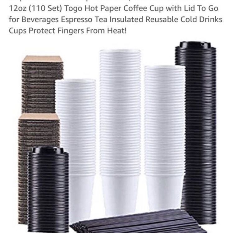 Disposable Coffee Cups With Lids, Straws & Sleeves 12oz (110 Sets )