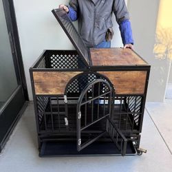 New In Box 35”Lx25”Dx33”H Heavy Duty Steel Metal Dog Cage Crate Kennel With Locking Wheels Top Opens Rustic Brown or Light Grey 