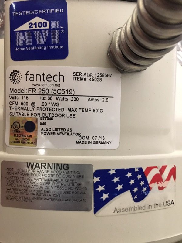 Fantech 600 CFM Exhaust fan