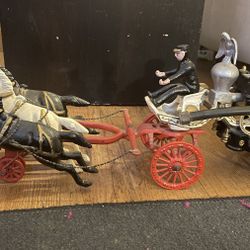 Rare Solid metal Vintage Horse Carriage with 3 Horses Antique with figures Work; 23”L