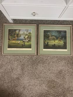 2 - Vintage Walt Disney Bambi Framed Prints Set of 2