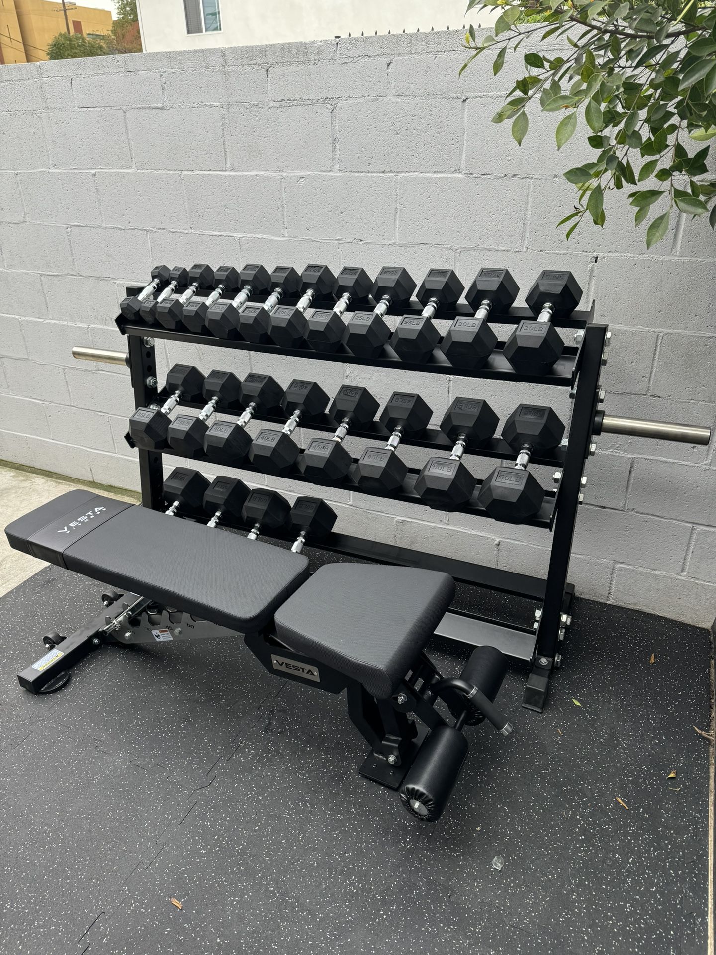 New Rubber Hex Dumbbells 5lbs-50lbs|Adjustable Bench FID|Dumbbell rack included|Gym Equipment|Weights|Exercise